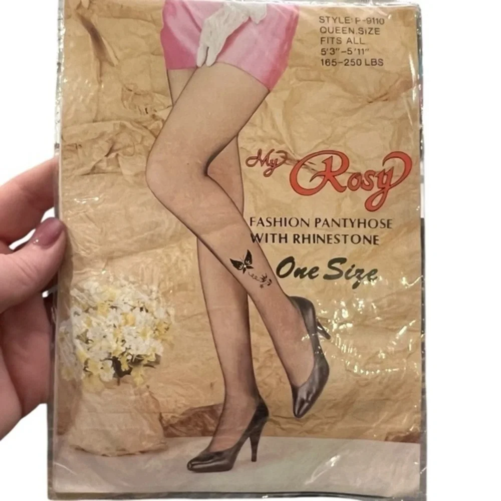 My Rosy Rhinestone Fashion Pantyhose Queen Size Floral Butterfly Black Sheer VTG